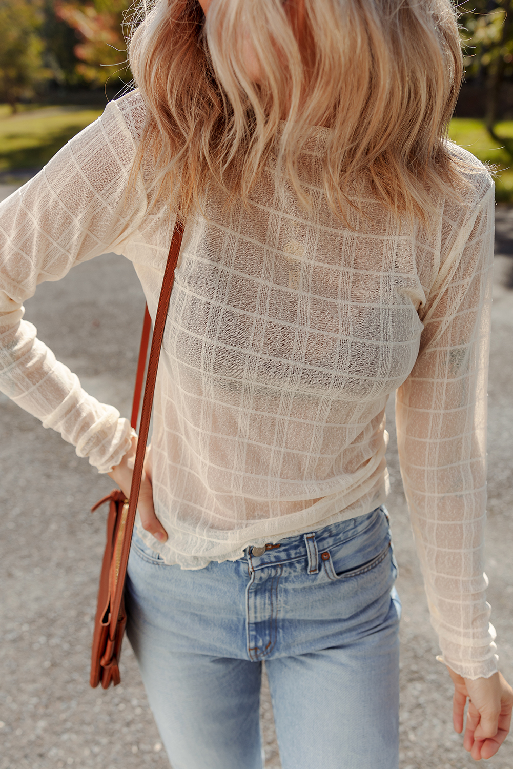 White Sheer Plaid Mesh Lettuce Trim Slim Fit Long Sleeve Top - loveforevers