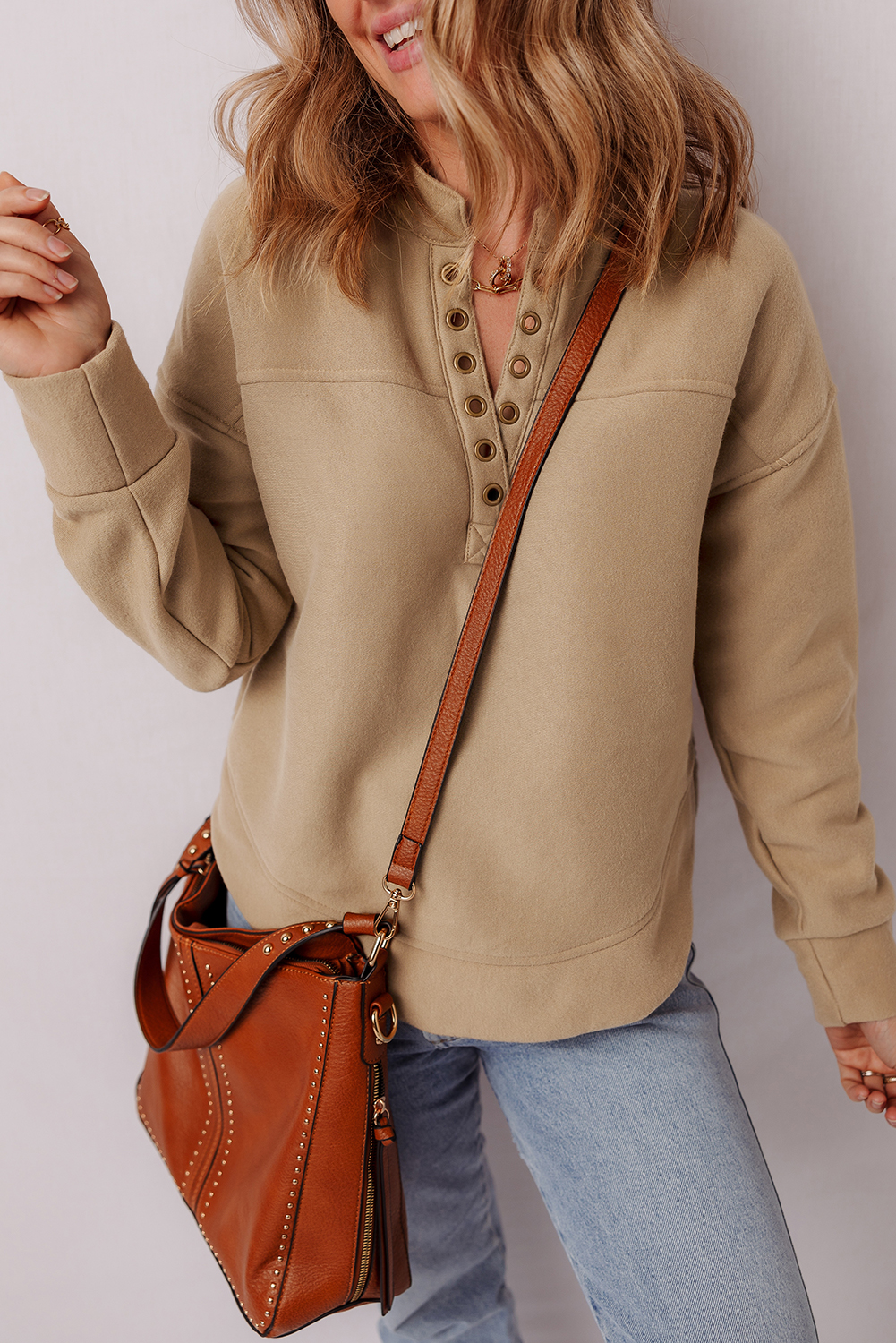 Light French Beige Grommet Detail V Neck Sweatshirt - loveforevers