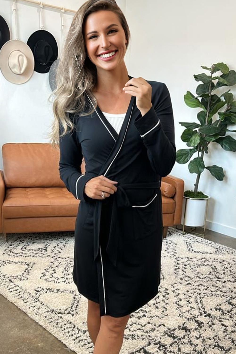 Black Contrast Trim Hooded Lounge Cardigan and Pants Set - loveforevers