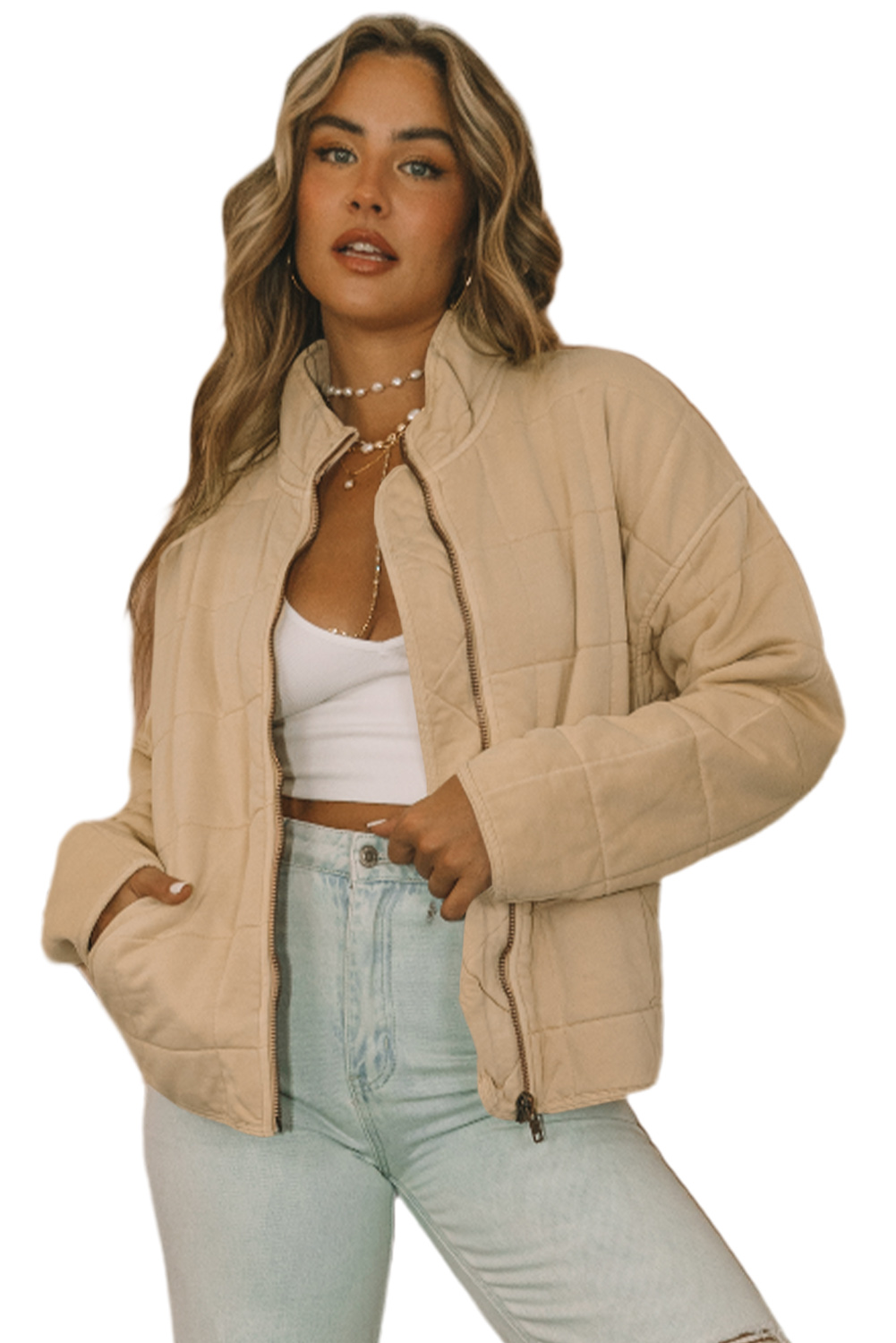 Khaki Zip-Up Pocket Quilted Jacket - loveforevers
