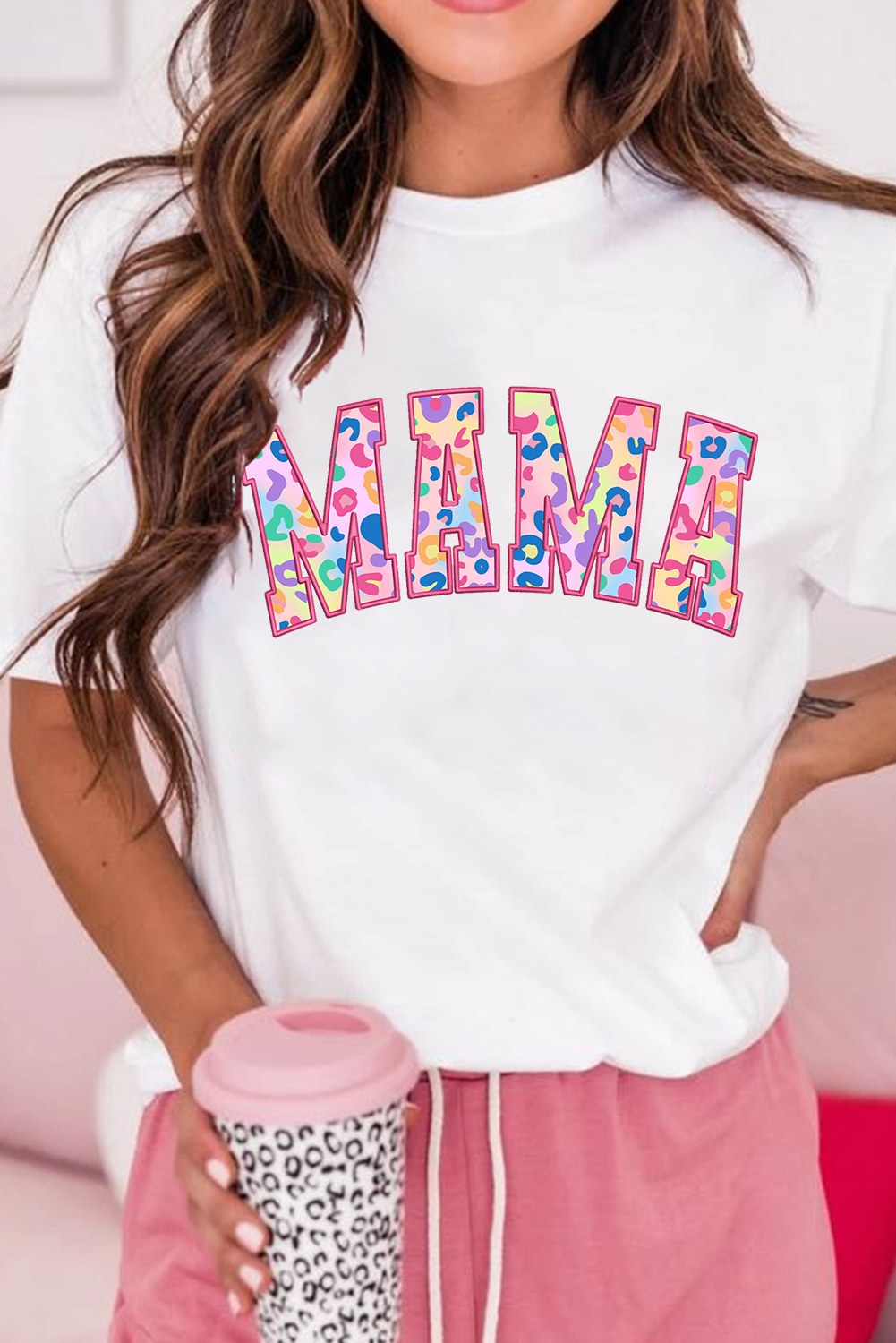 White MAMA Leopard Embroidered Crew Neck Graphic Tee - loveforevers