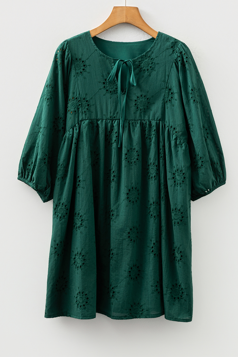 Blackish Green Embroidered Eyelet Pattern 3/4 Puffy Sleeve Swing Mini Dress - loveforevers