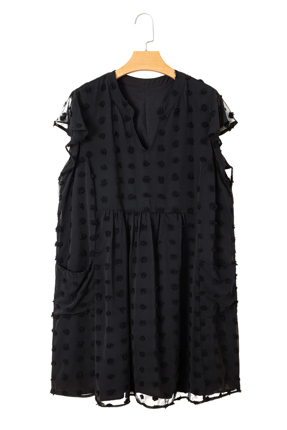 Black Dotty Textured Notched Neck Plus Ruffled Dress - loveforevers