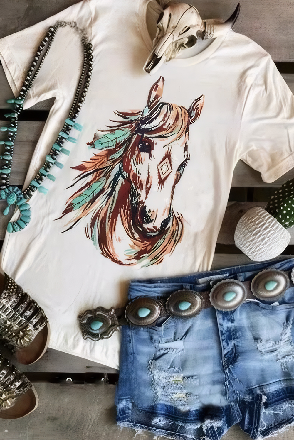 White Western Aztec Horse Graphic Crewneck Tee - loveforevers
