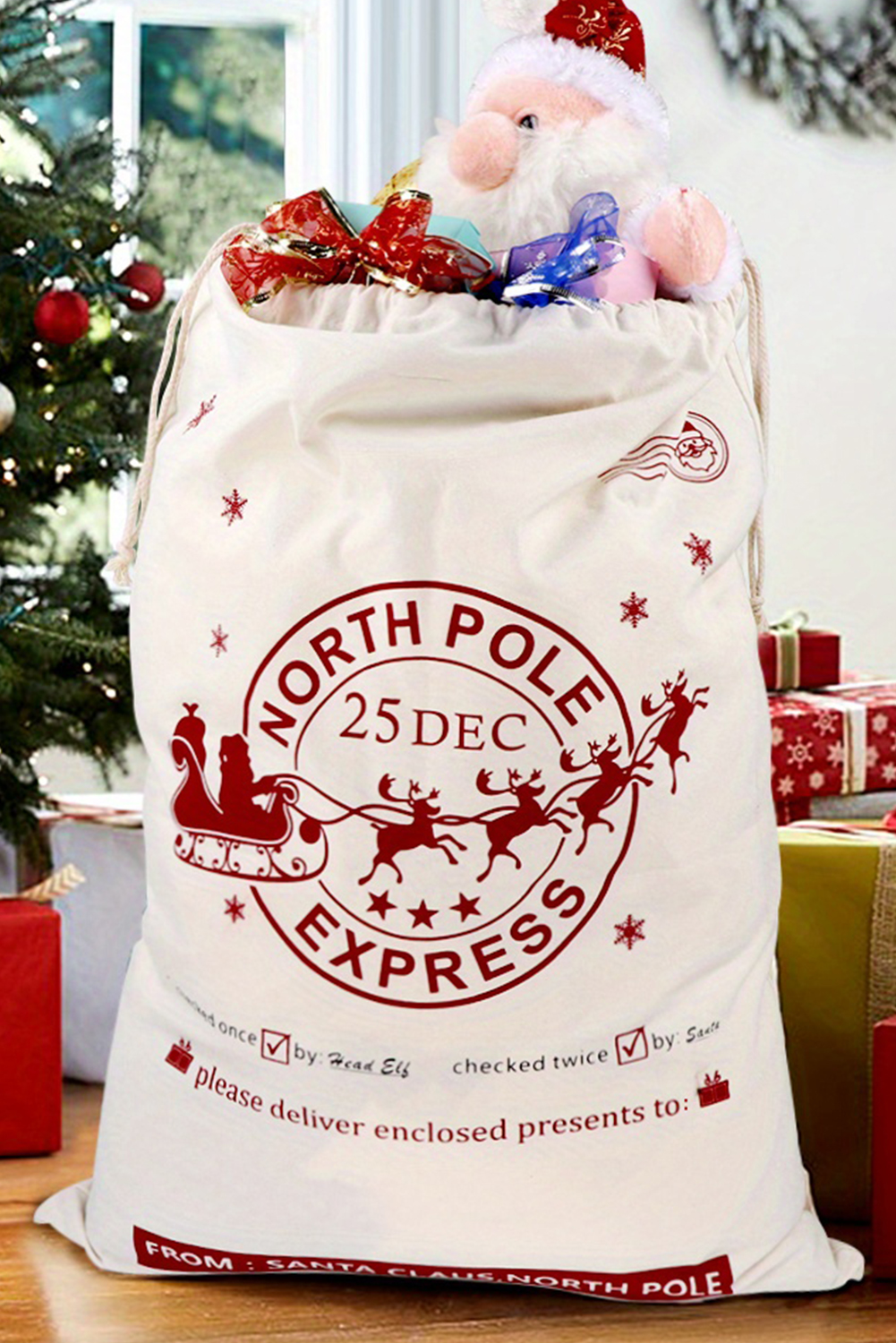 White Christmas Santa Claus Elk Letter Print Drawstring Gift Sack Bag - loveforevers