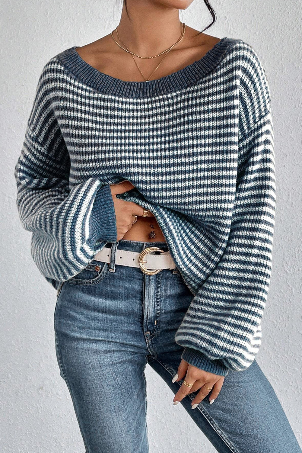 Sail Blue Striped Lantern Sleeve Drop Shoulder Cozy Sweater - loveforevers