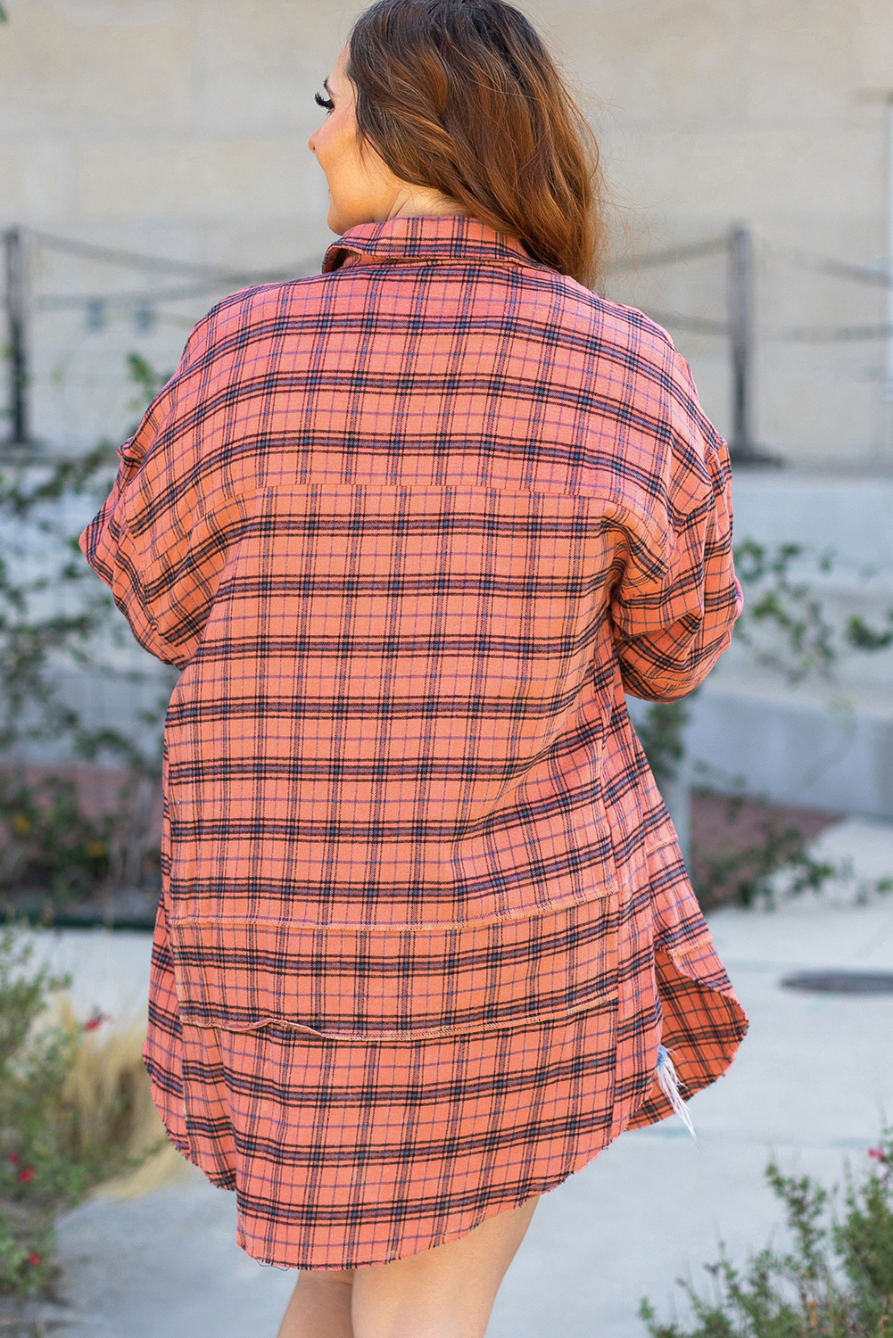 Red Plaid Long Sleeeve Side Split Distressed Hem Shirt - loveforevers