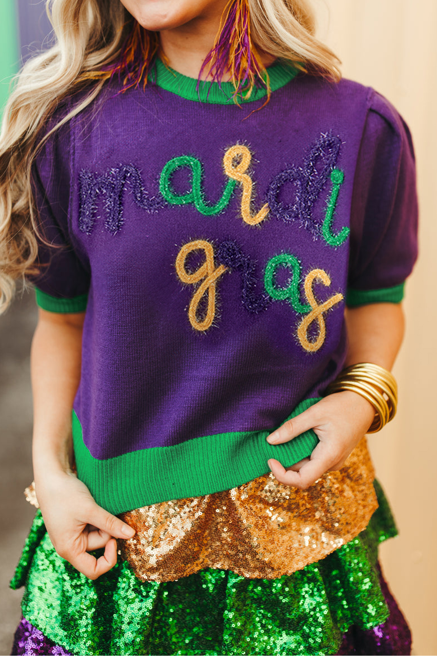 Tillandsia Purple Mardi Gras Tinsel Graphic Short Sleeve Sweater - loveforevers