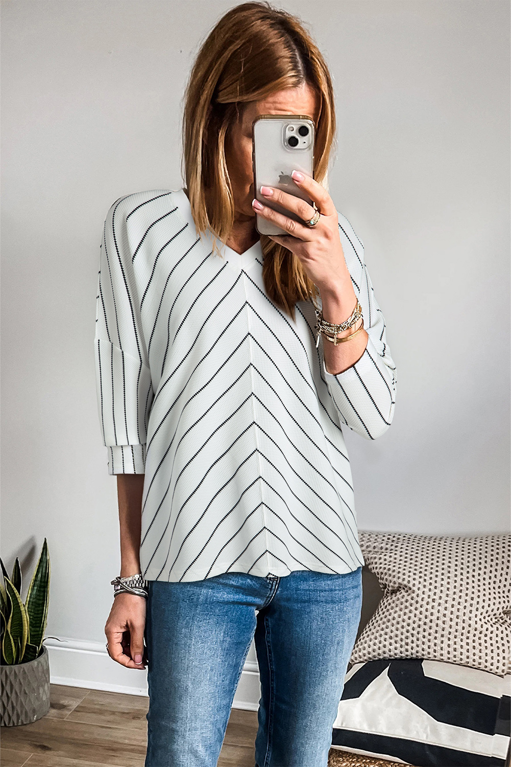 Black Stripe Chevron Striped V Neck Long Sleeve Casual Top - loveforevers