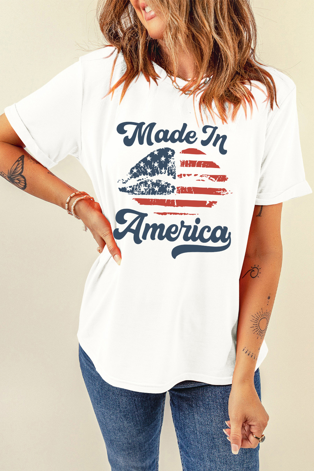 White Made in America Lip Printed O Neck T Shirt - loveforevers