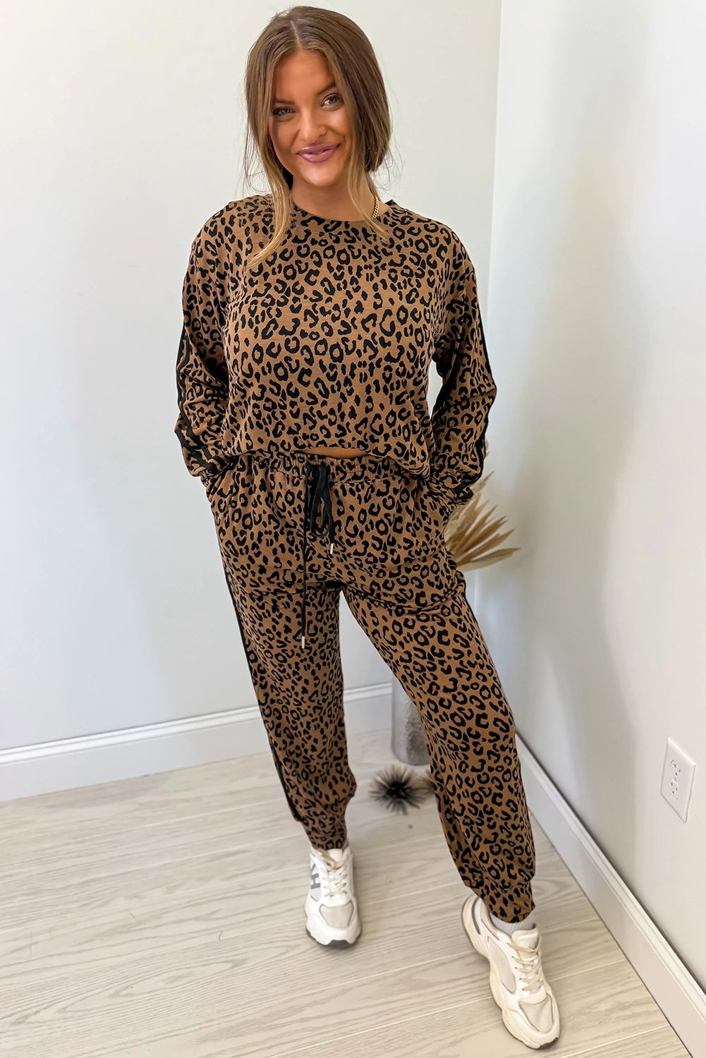 Brown Varsity Striped Trim Leopard Long Sleeve Top Drawstring Pant Set - loveforevers