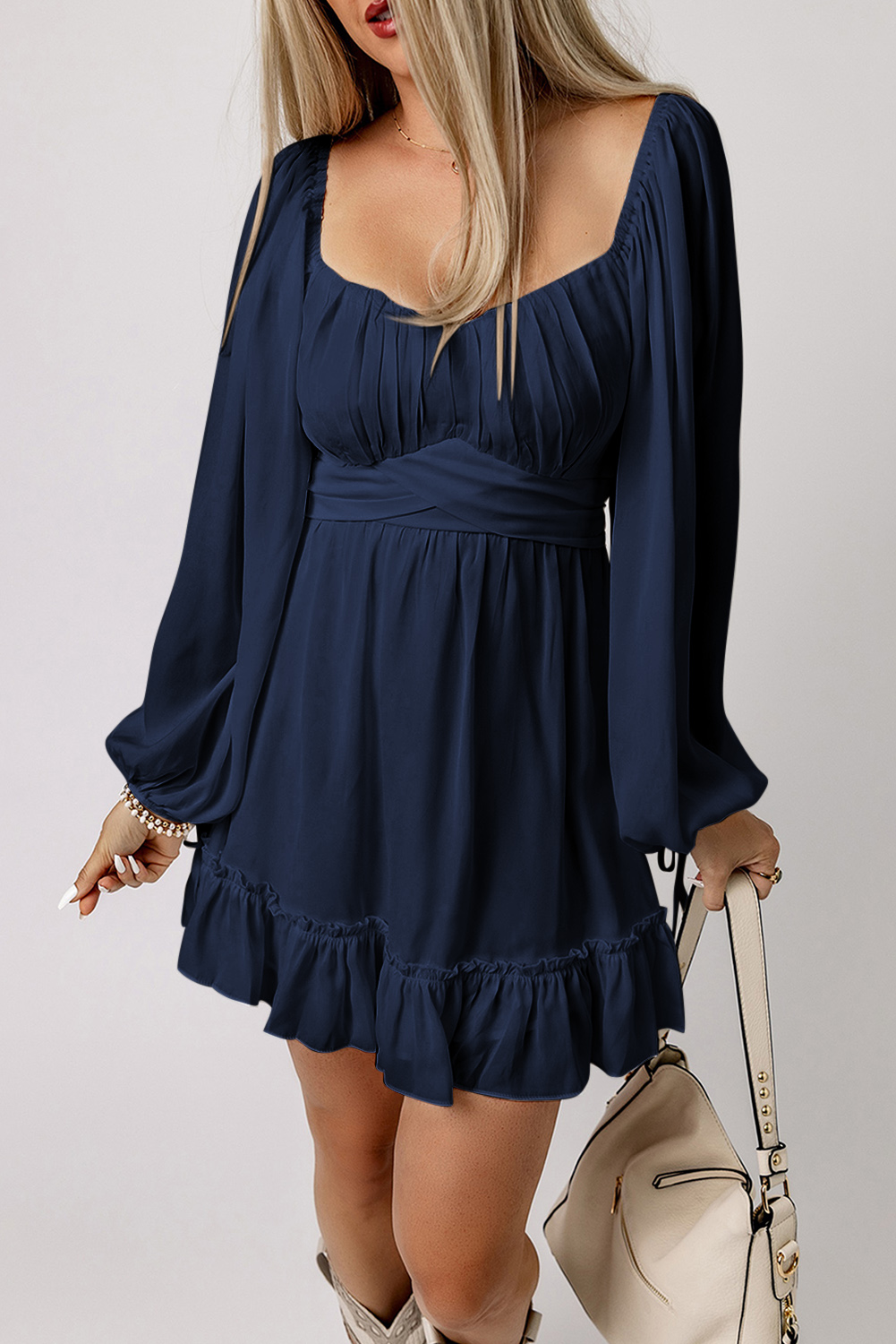 Blue White Plain Ruffled High Waist Square Neck Mini Dress - loveforevers