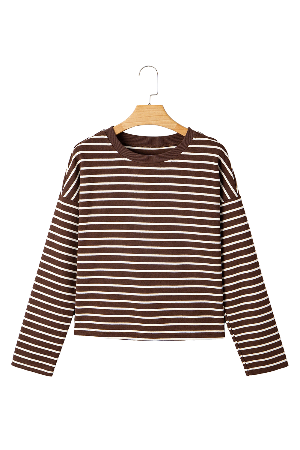 Brown Stripe Ribbed Cropped Crew Neck Long Sleeve T Shirt - loveforevers