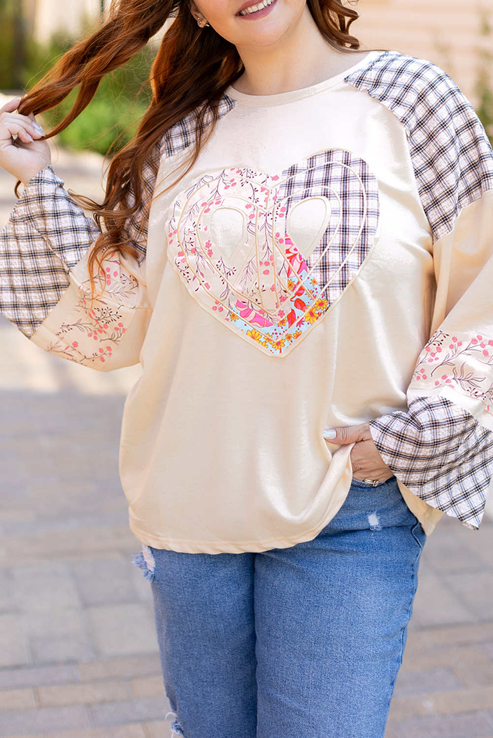 Beige Flower Patch Graphic Exposed Seam Wide Sleeve Top - loveforevers