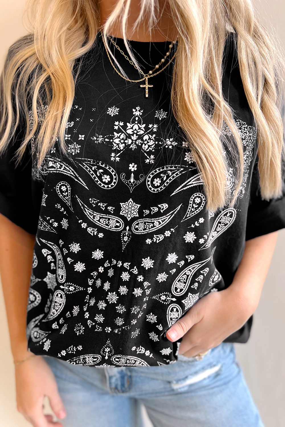 Black Paisley Print Crew Neck Loose Fit Tunic Tee - loveforevers