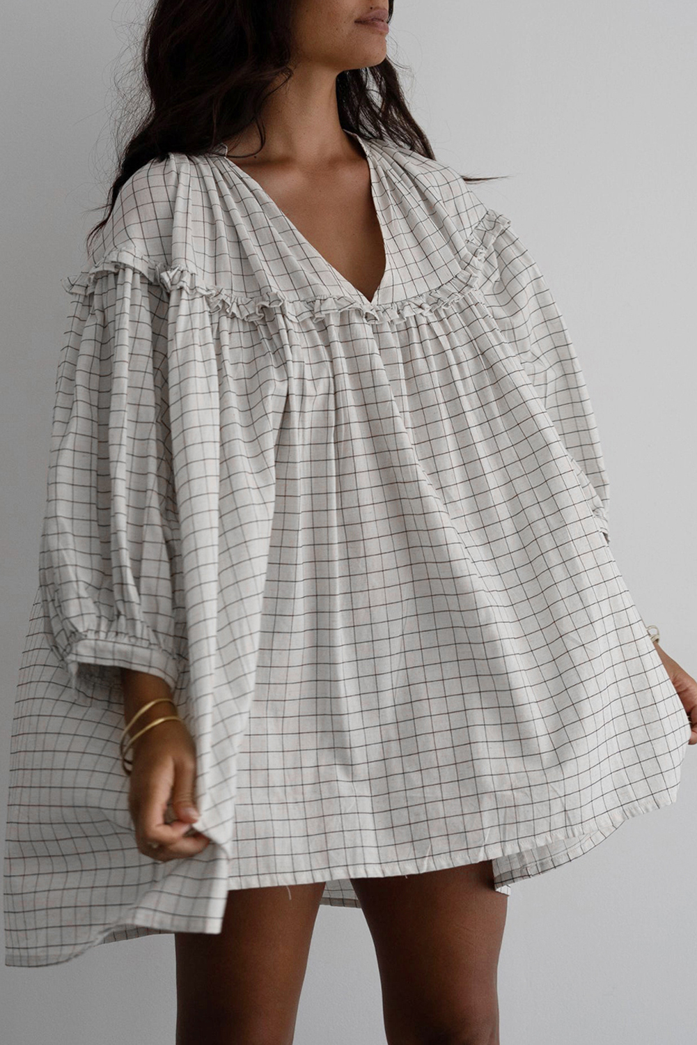White Stripe Checkered Frilled V Neck Bracelet Sleeve Babydoll Dress - loveforevers