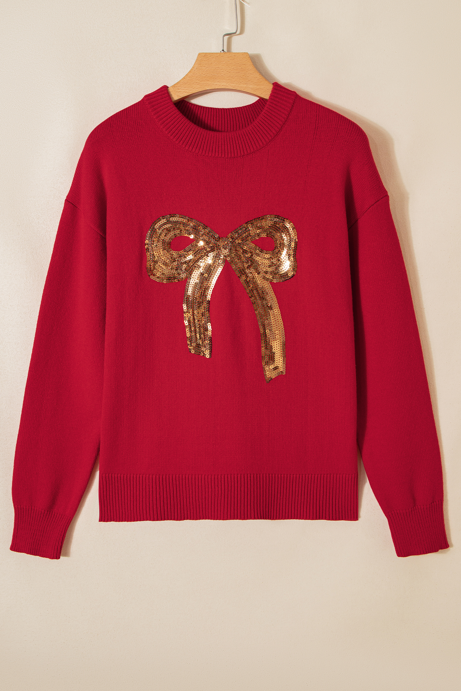 Rose Red Sequined Bow Graphic Christmas Holiday Sweater - loveforevers