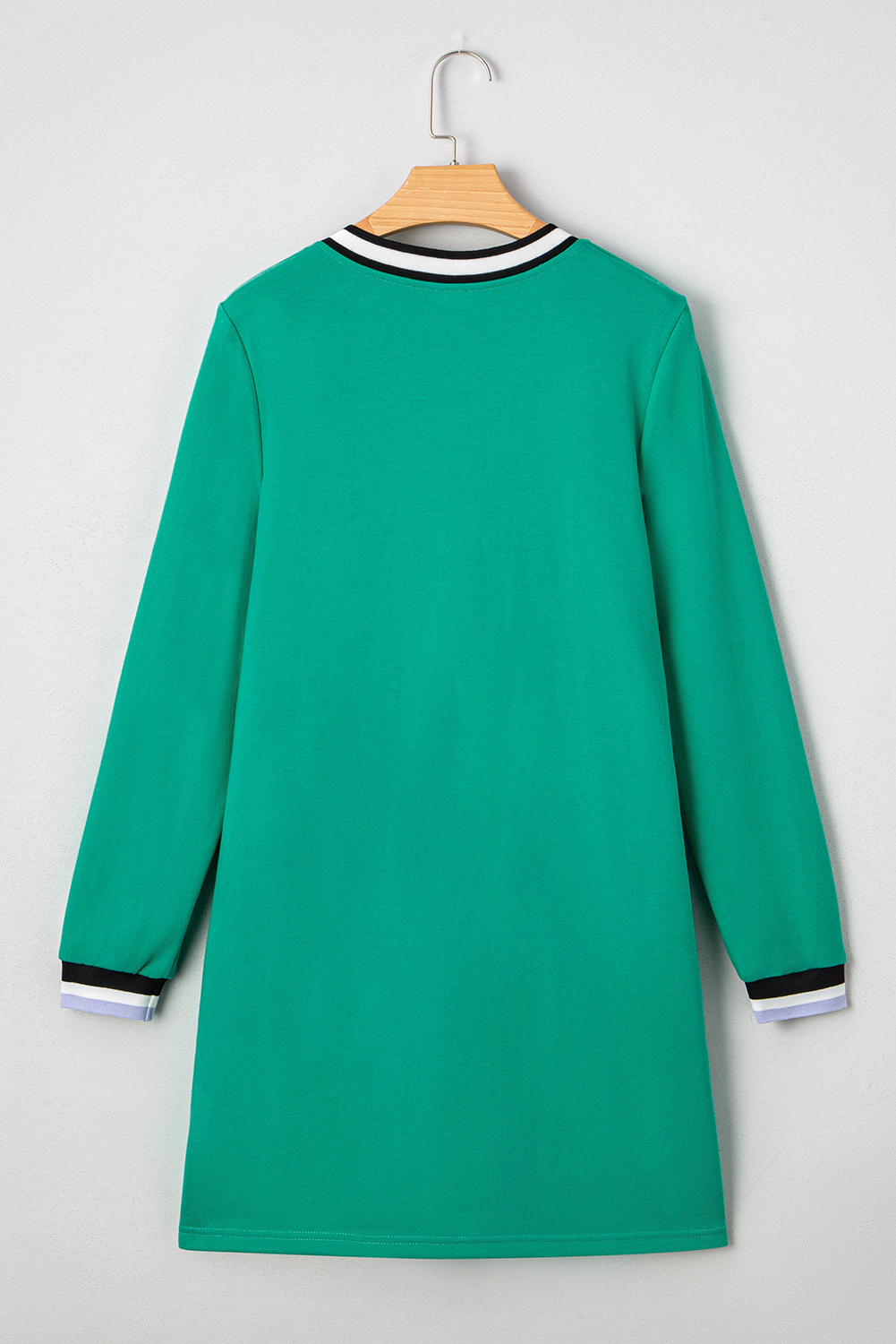 Mint Green Varsity Contrast Striped V Neck Long Sleeve T Shirt Dress with Pockets - loveforevers