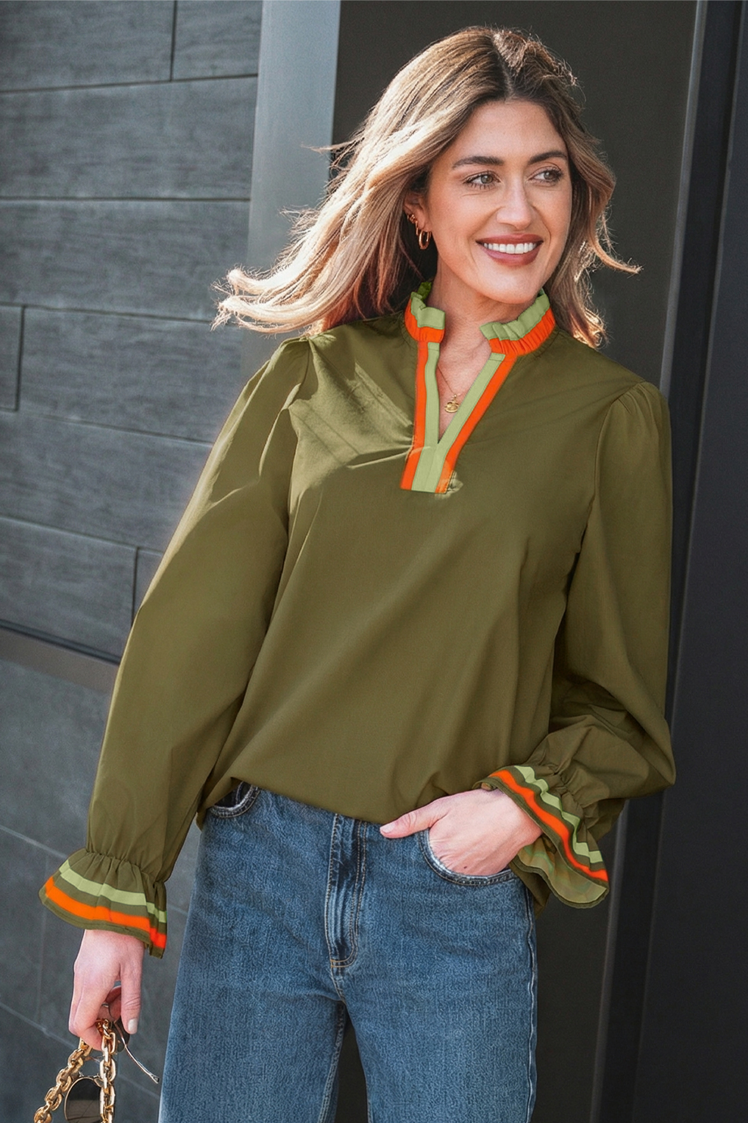 Four Leaf Clover Striped Trim Ruffle Split Neck Long Sleeve Blouse - loveforevers