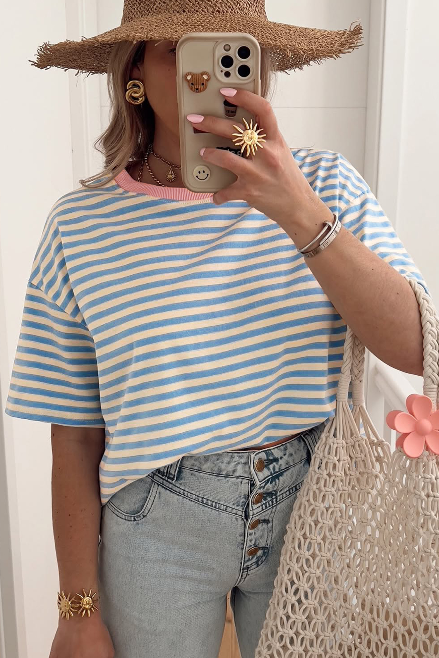 Sky Blue Stripe Contrast Crew Neck Drop Shoulder Loose Tee - loveforevers