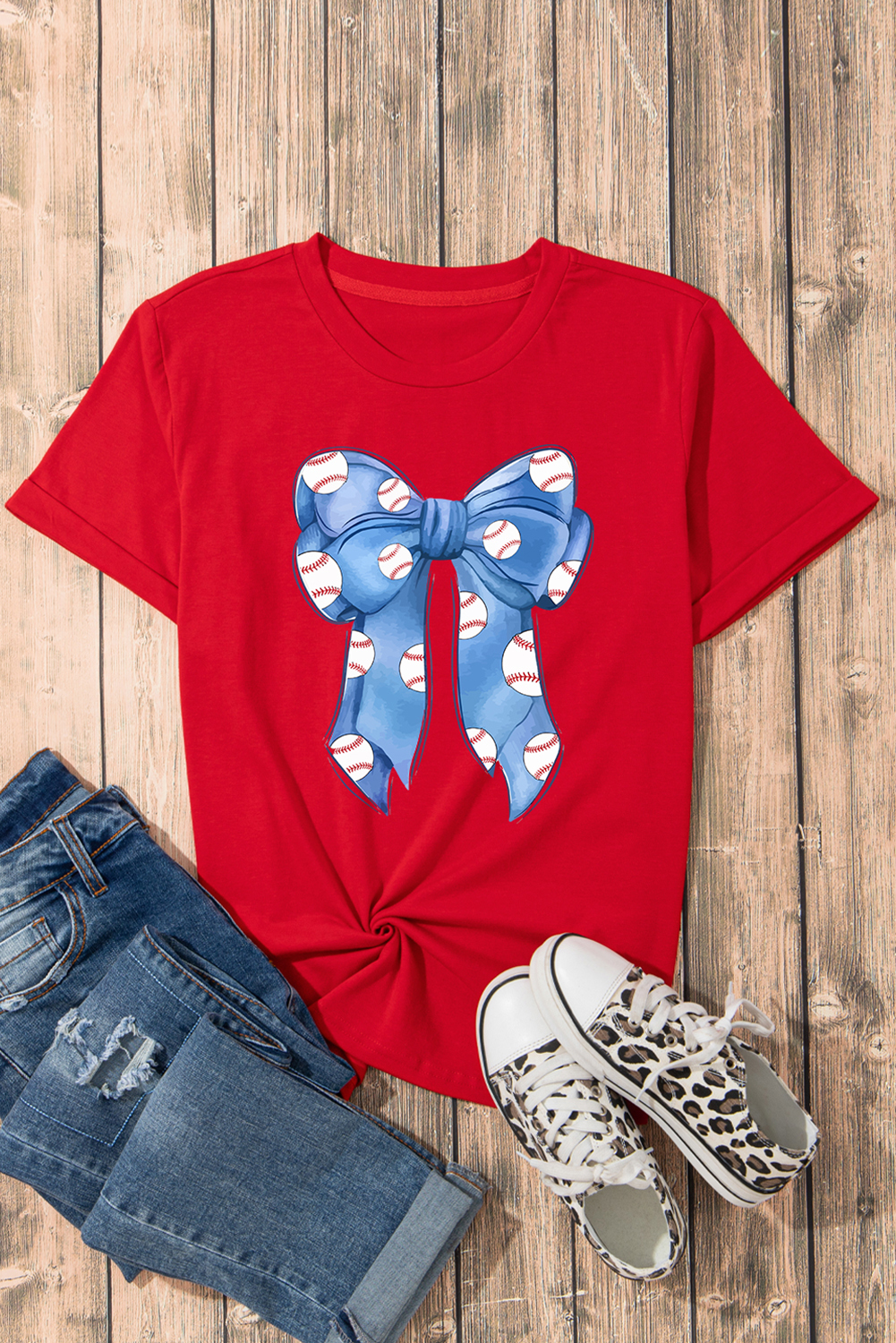 Red Rugby Bowknot Graphic Crew Neck Tee - loveforevers