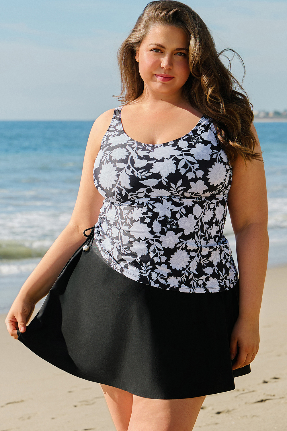 Black Plus Size Printed Square Neck Drawstring Ruffled Tankini Set - loveforevers