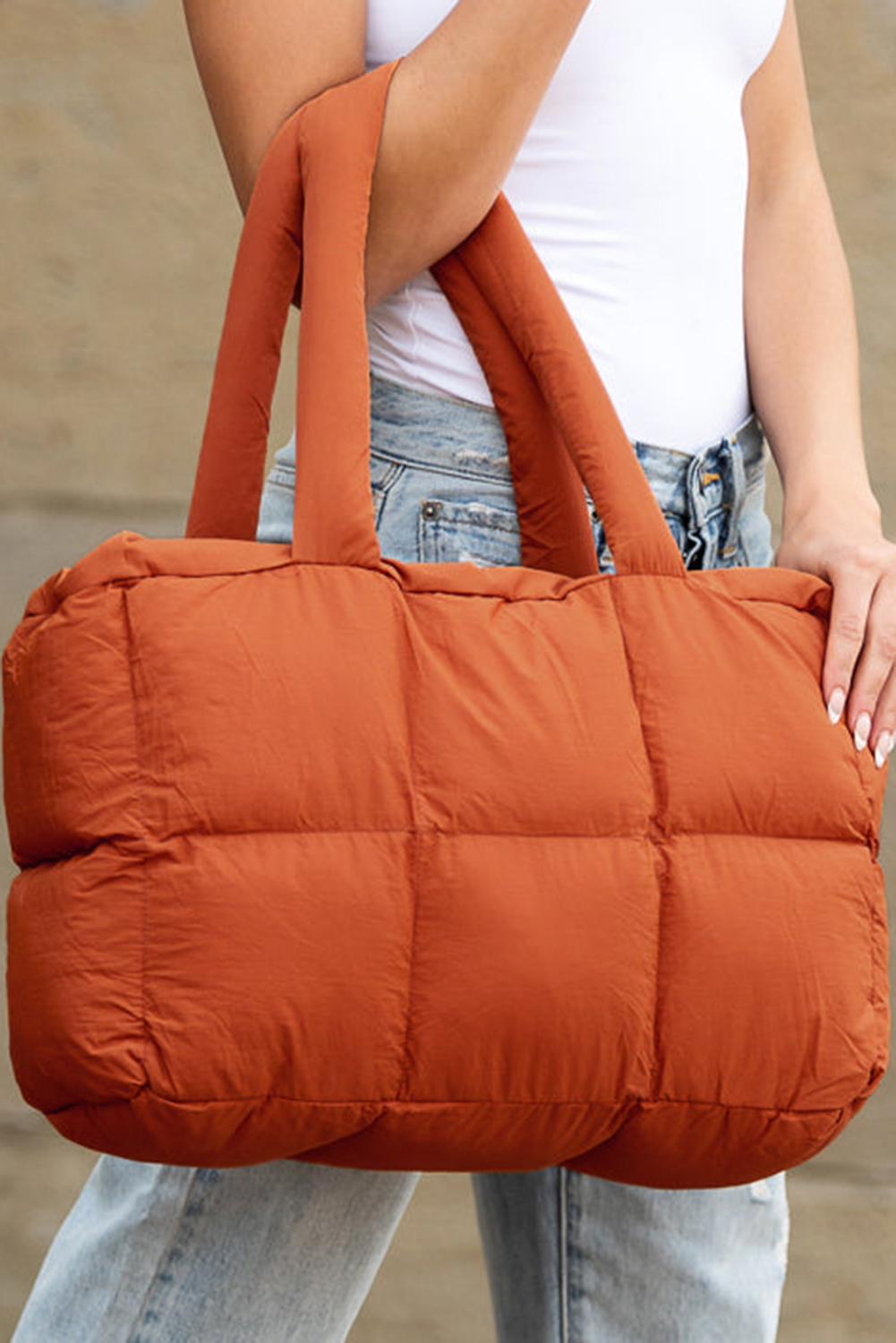 White Solid Quilted Puffy Zipped Large Tote Bag - loveforevers