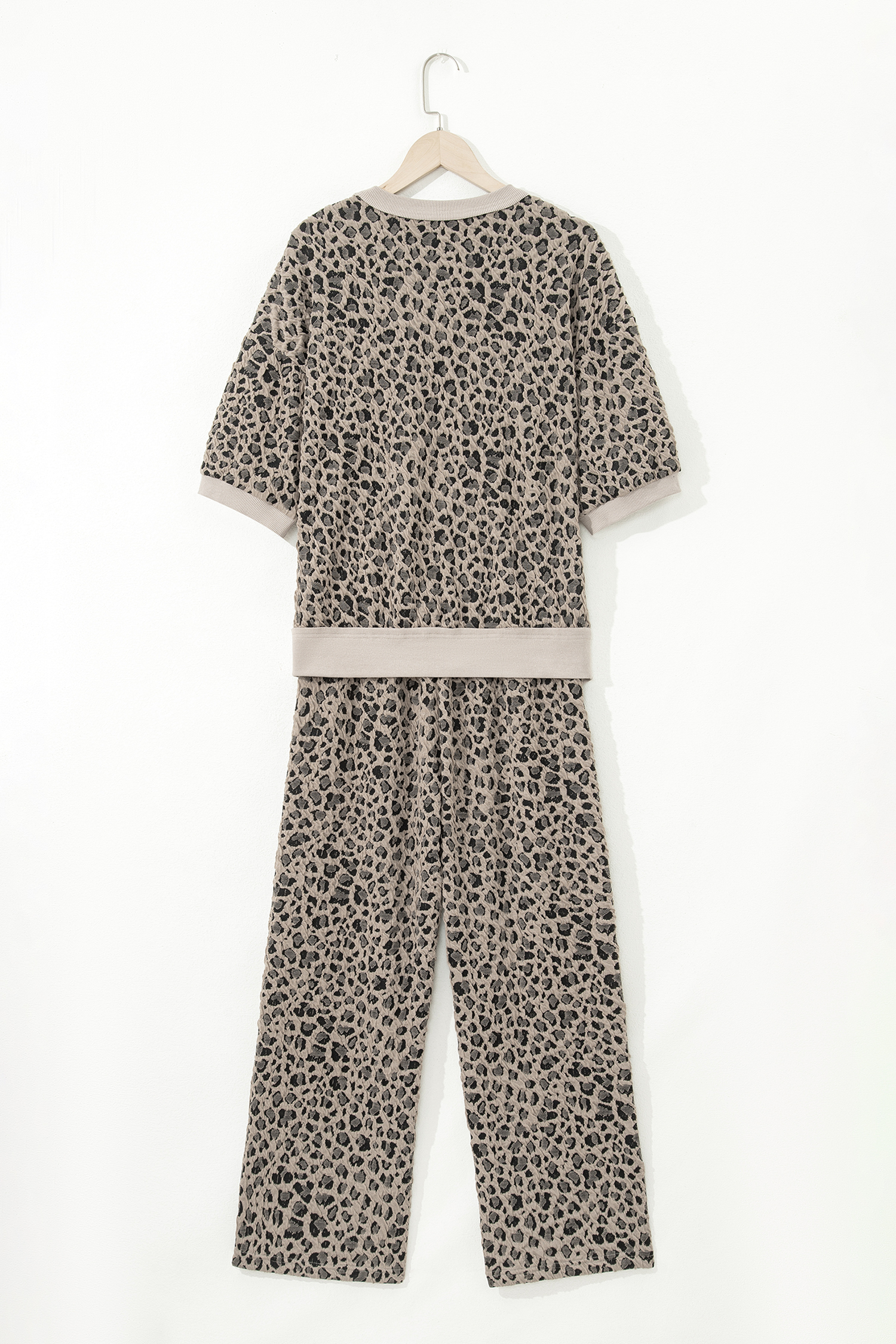 Khaki Jacquard Leopard Half Sleeve Jumper Wide Leg Pant Set - loveforevers