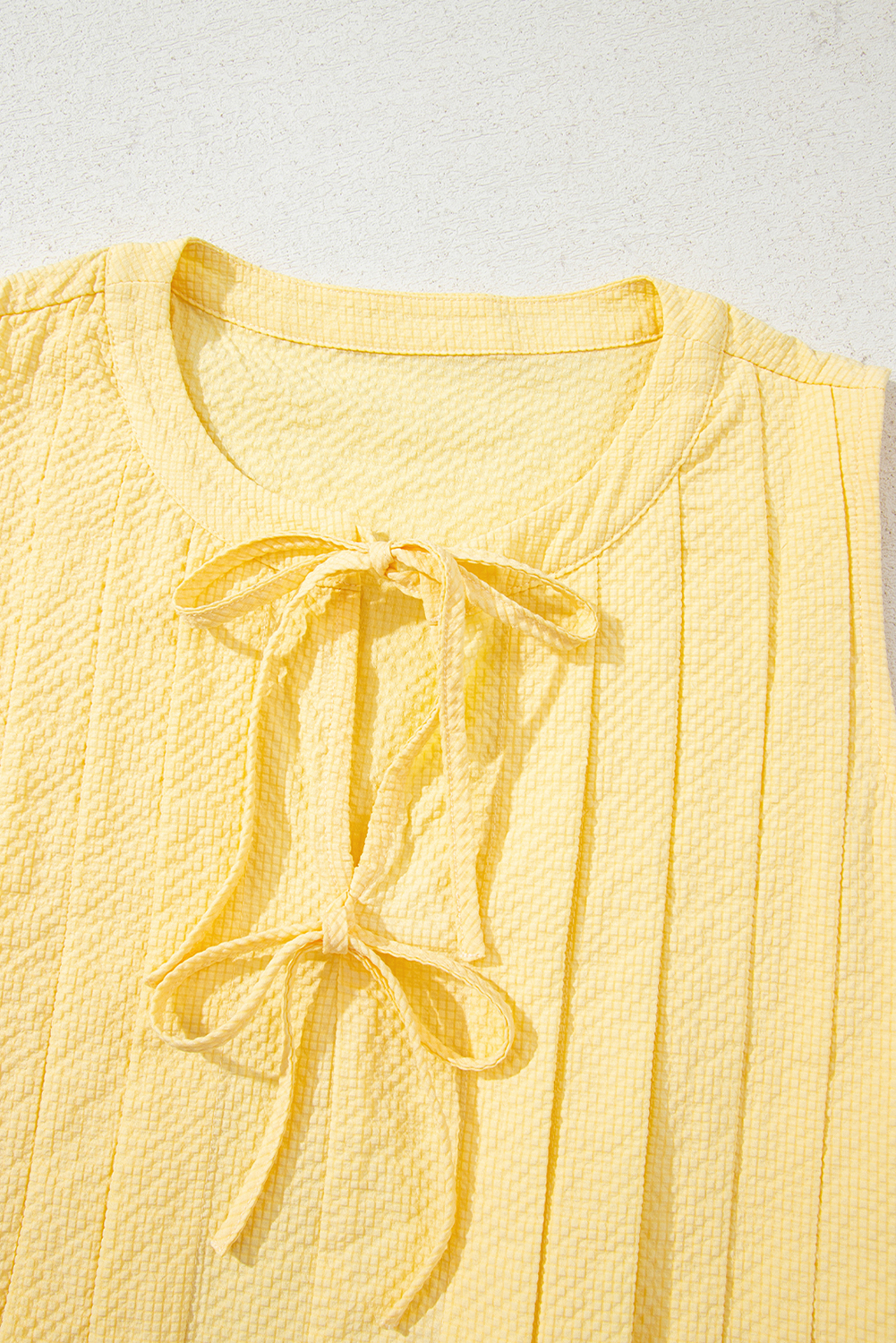Yellow Cream Bow Tie Notched Neck Pleated Tank Top - loveforevers