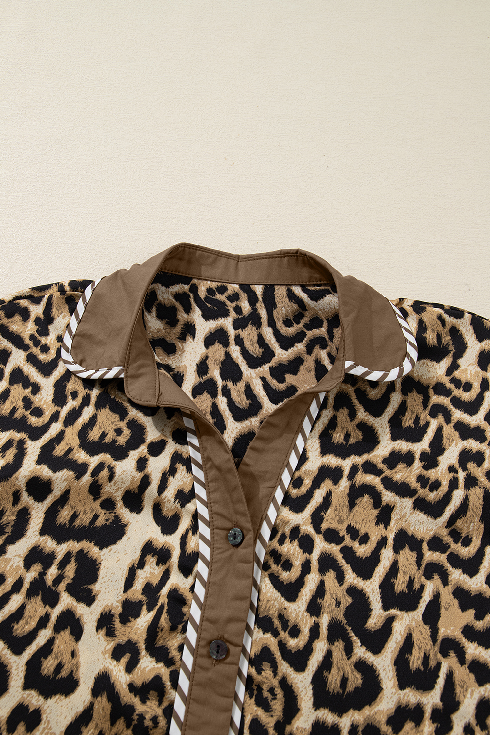 Brown Leopard Collared 3/4 Sleeve Shirt and Loose Pants Two Piece Outfit Set - loveforevers