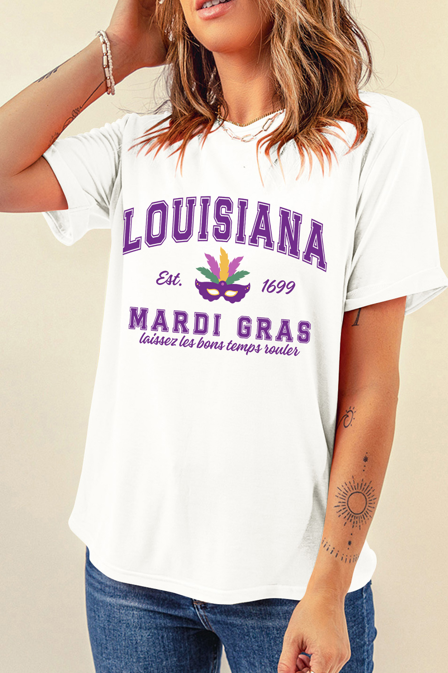 White LOUISIANA MARDI GRAS Retro Print T Shirt - loveforevers