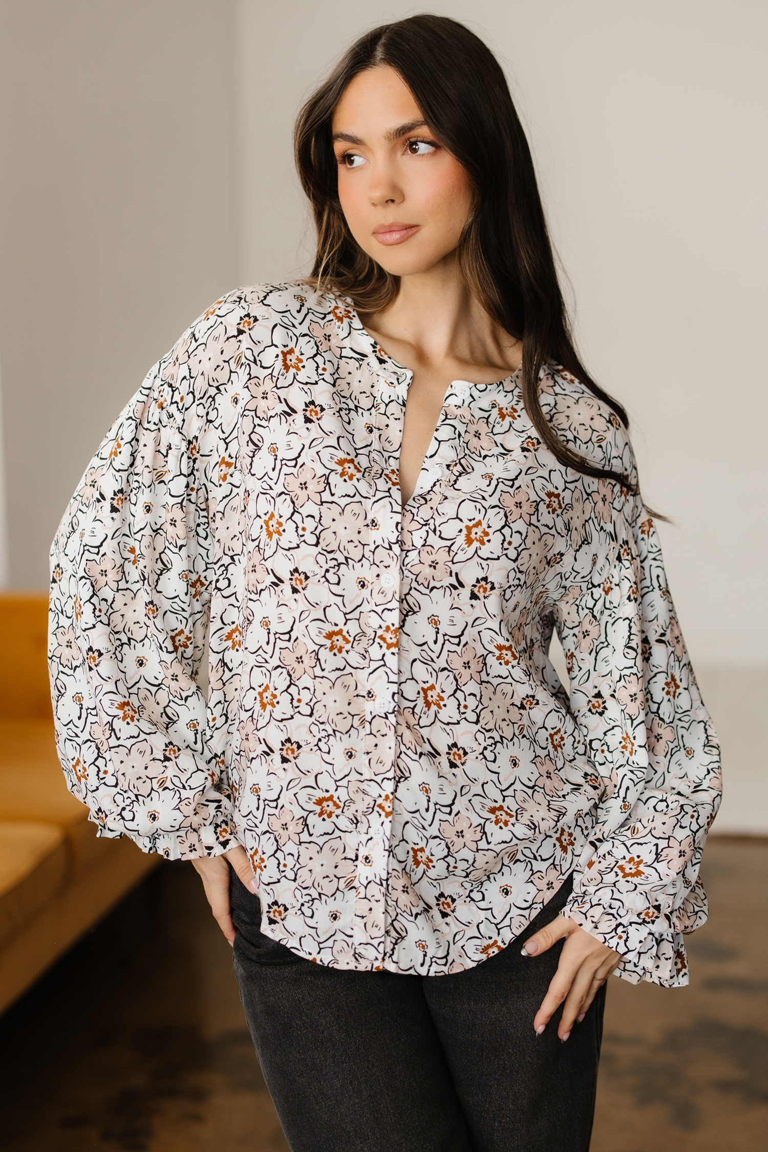 Khaki Bold Floral Print Frilled Puff Sleeve Button Down Shirt - loveforevers