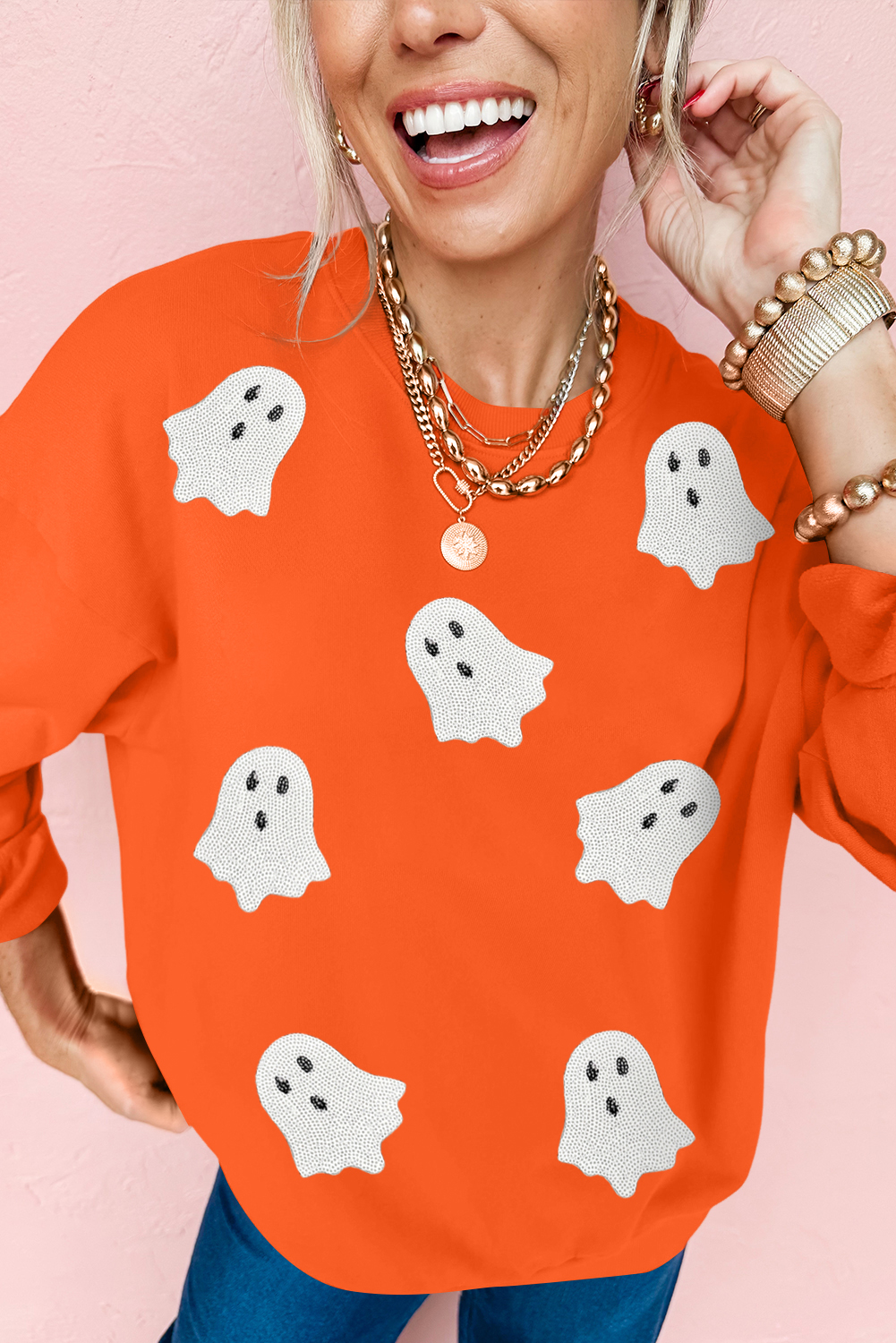 Orange Sequin Halloween Ghost Patched Drop Shoulder Sweatshirt - loveforevers