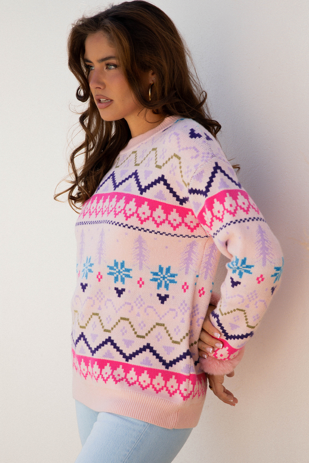 Multicolour Ethnic Christmas Pattern Knit Feather Cuffed Sweater - loveforevers
