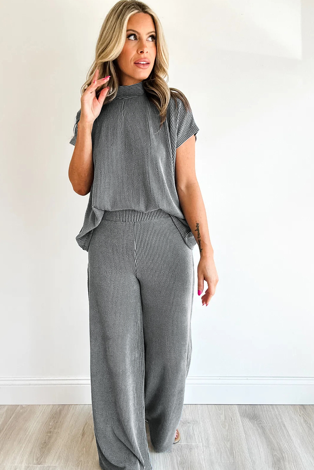 Dark Grey Twisted Ribbed High Neck Loose Tee Elastic High Waist Loose Pant Set - loveforevers