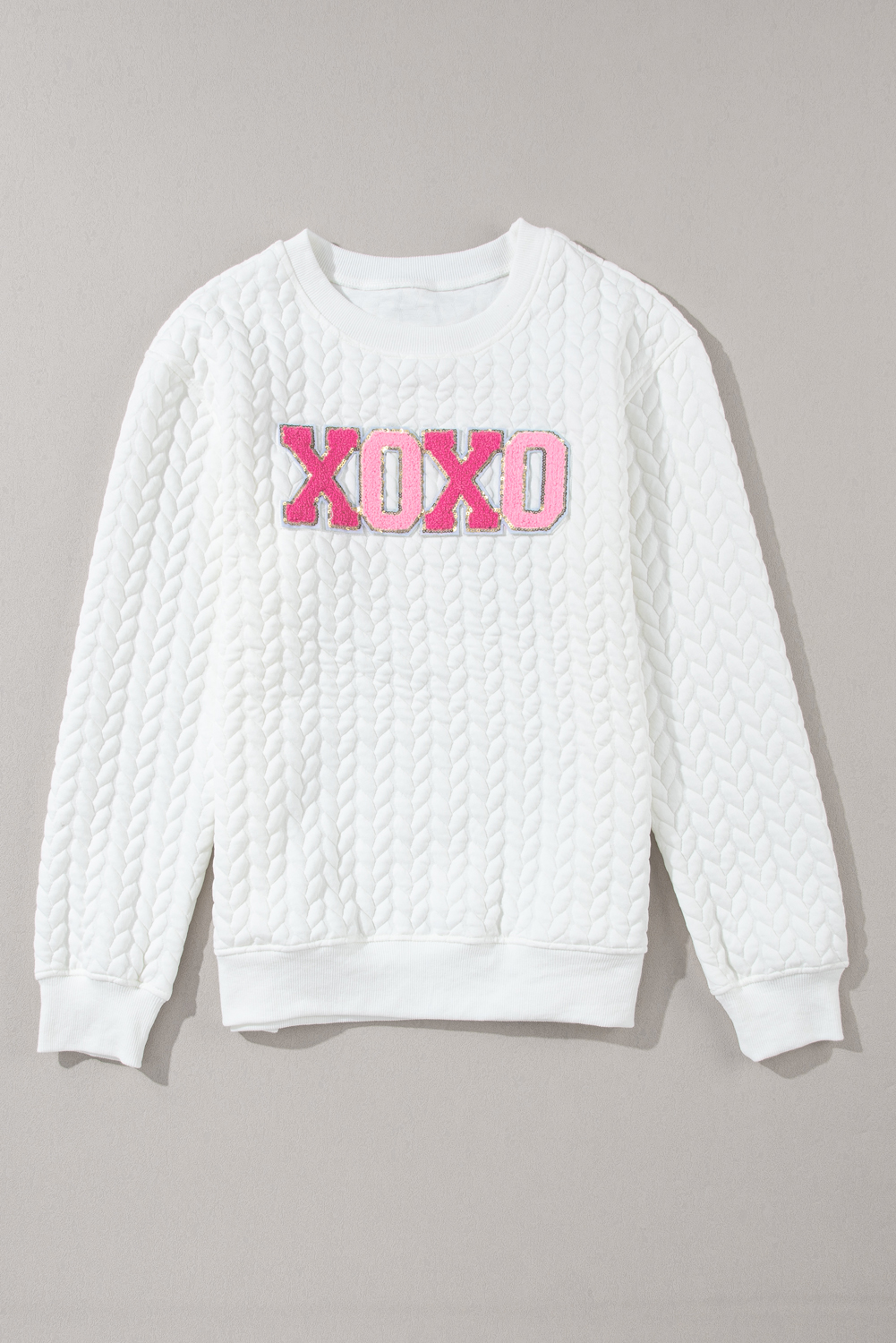 White LOVE Chenille Embroidered Cable Knit Pullover Sweatshirt - loveforevers
