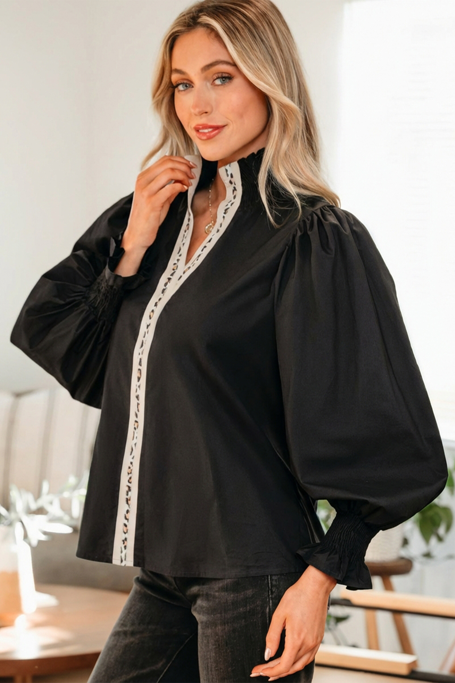 Evergreen Puffy Flounce Sleeve Leopard Trim V Neck Blouse - loveforevers