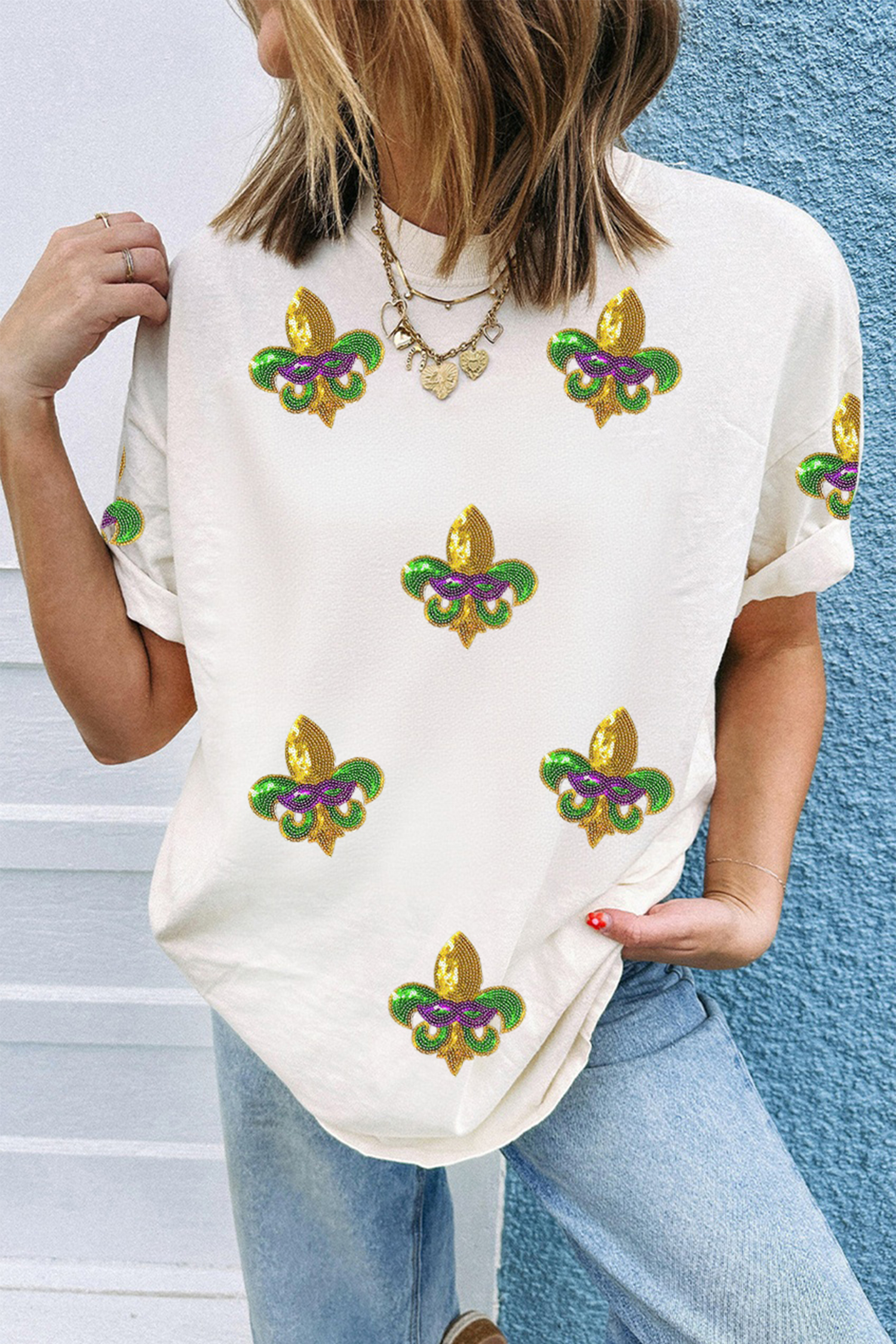 White Mardi Gras Fleur De Lis Patterned T Shirt - loveforevers