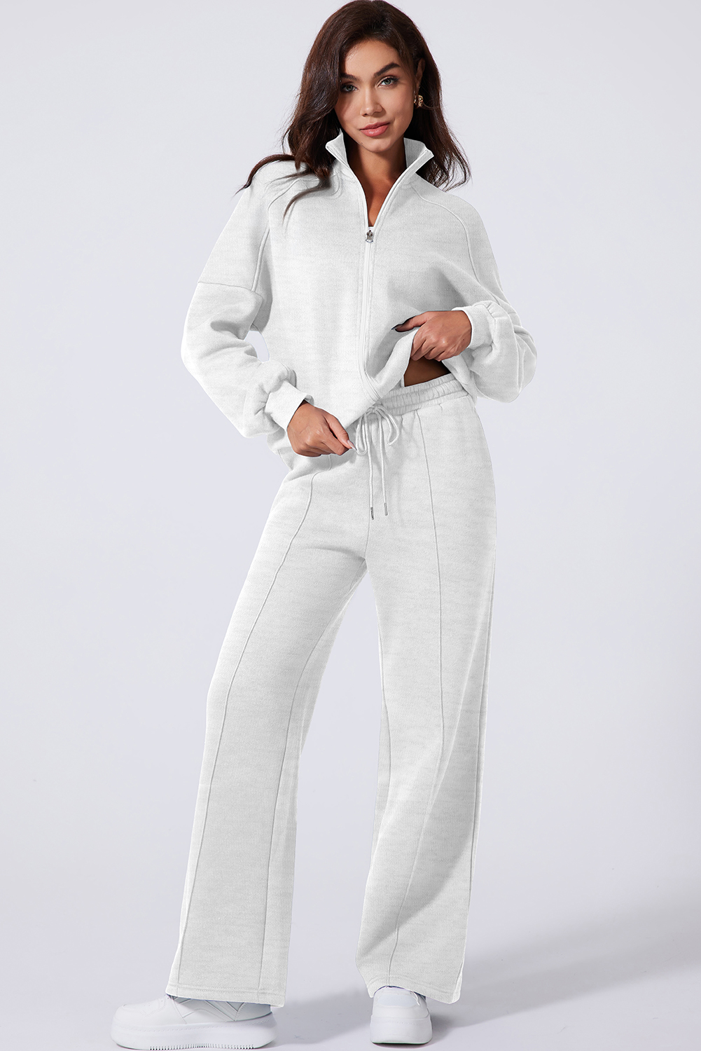 Navy Blue Drop Shoulder Zip Up Jacket Drawstring Pants Active 2pcs Set - loveforevers