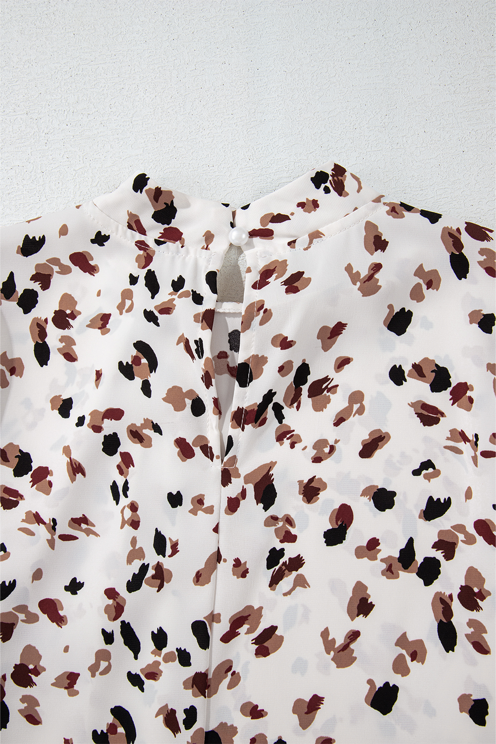 White Leopard Print Lantern Sleeve Mock Neck Pleated Blouse - loveforevers