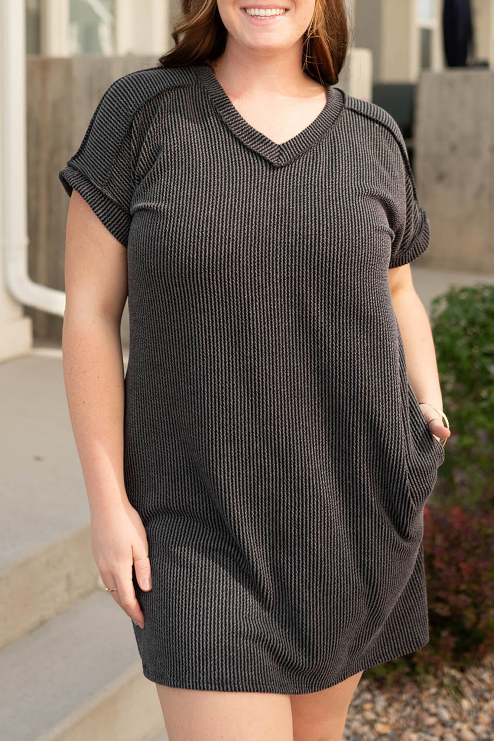 Carbon Grey Corded V Neck Plus Size T Shirt Dress with Pockets - loveforevers
