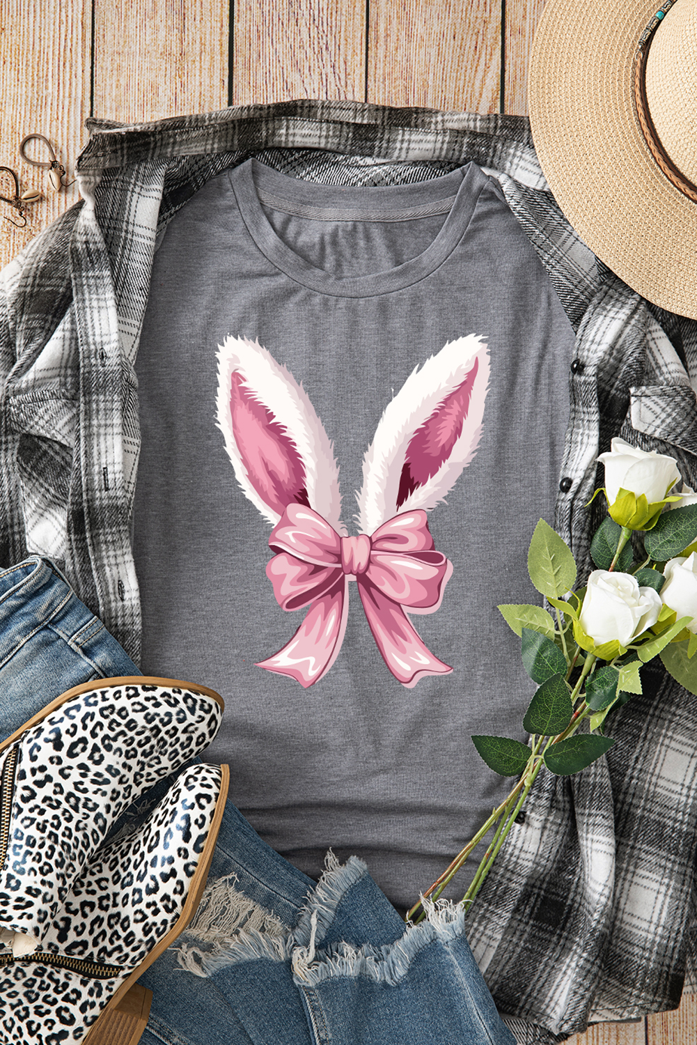 Gray Bunny Ear Bow Printed Easter Fashion T Shirt - loveforevers