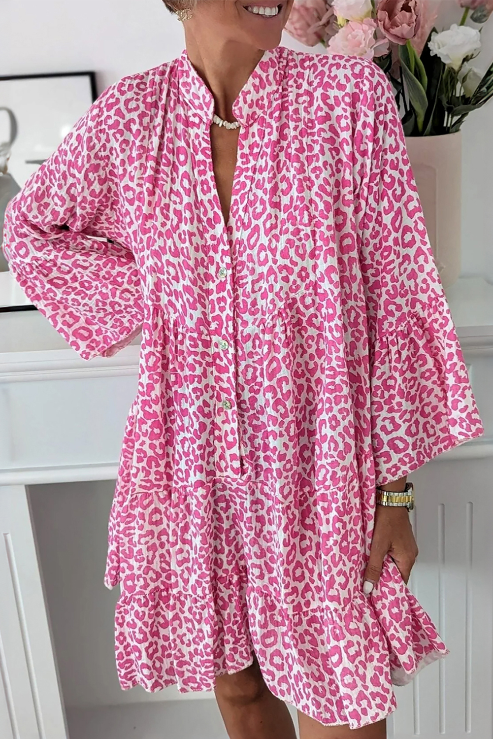 Bright Pink Leopard Printed Long Sleeve Buttoned Front Mini Dress - loveforevers