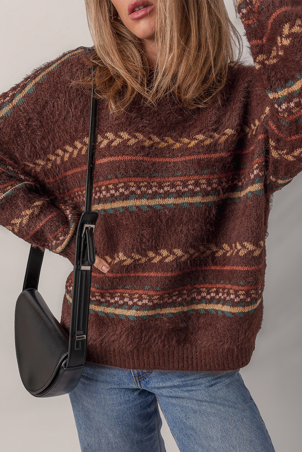 Brown Ethnic Pattern Mohair Knitted Drop Shoulder Sweater - loveforevers