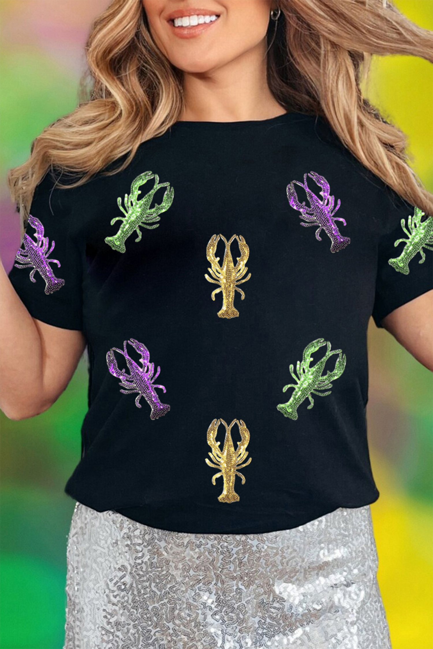 Black Lobster Patched Pattern Festive T Shirt - loveforevers