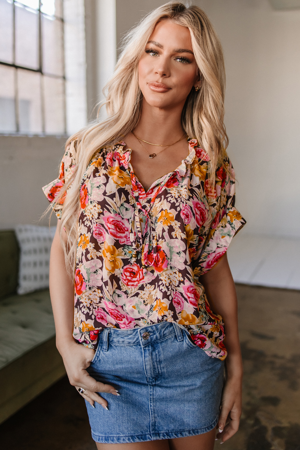 Pink Floral Print Crew Neck Short Sleeve Shift Blouse - loveforevers