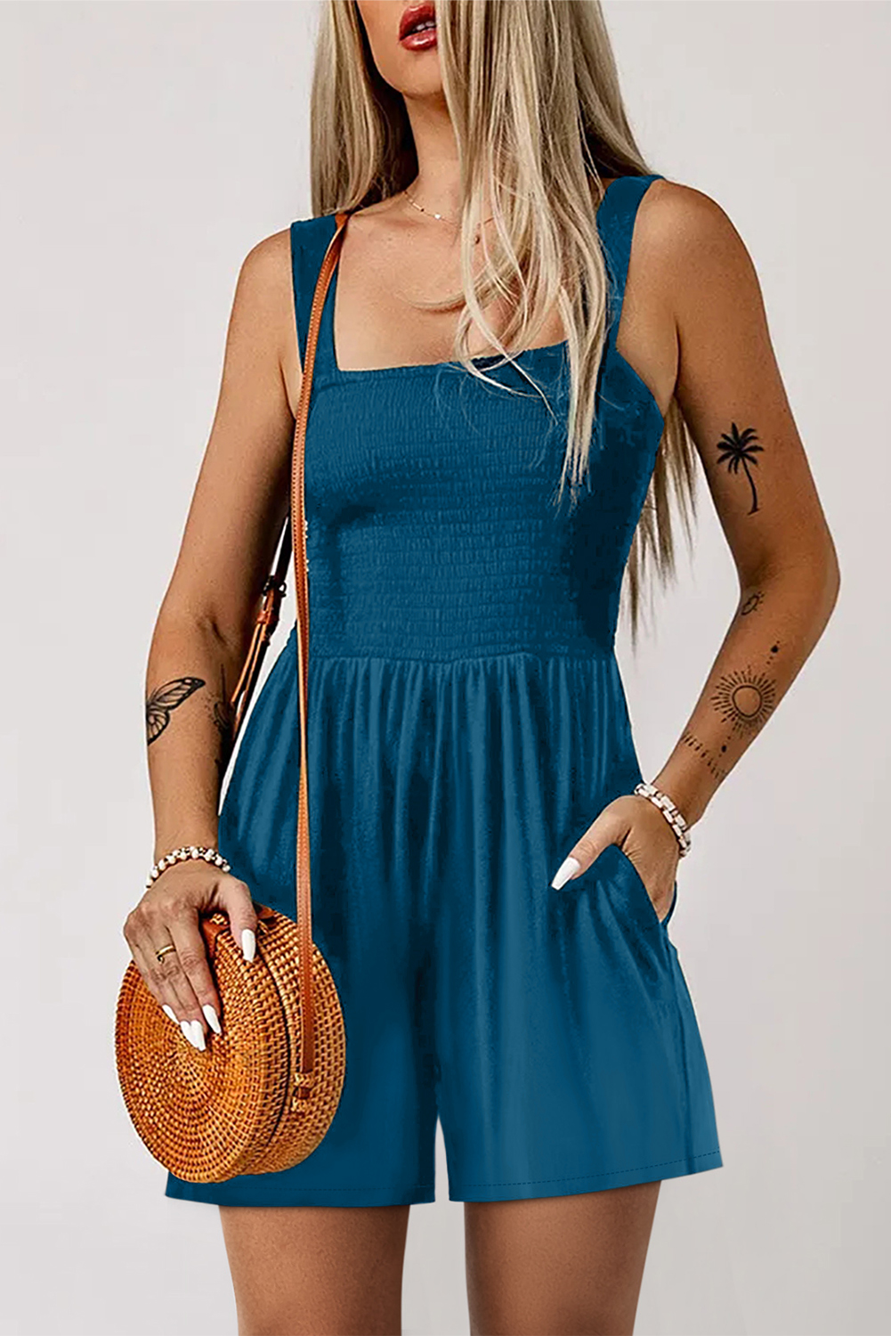 Blue Casual Pocketed Smocked Sleeveless Romper - loveforevers