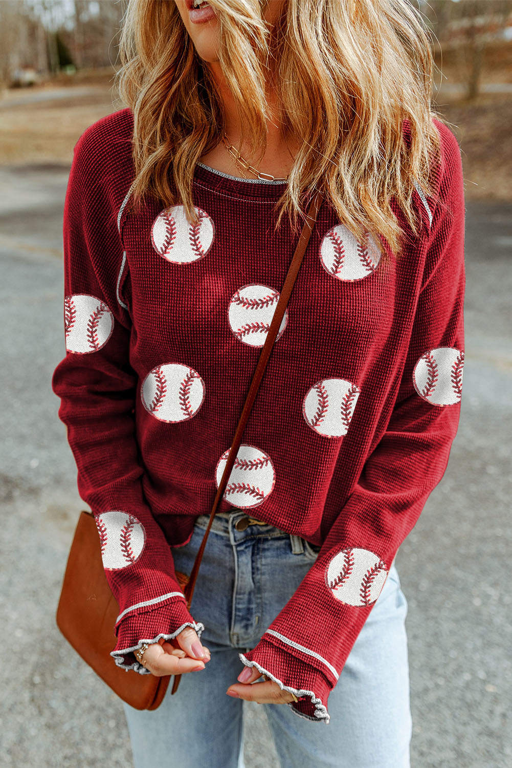 Red Baseball Patched Patterned Game Day Waffle Raglan Top - loveforevers