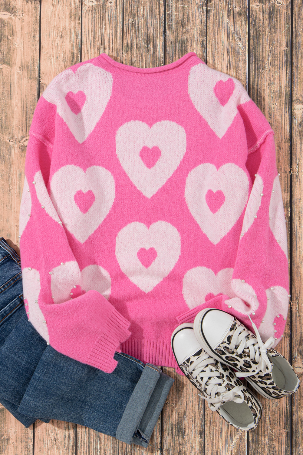 Bonbon Pearl Beaded Heart Drop Shoulder Sweater - loveforevers