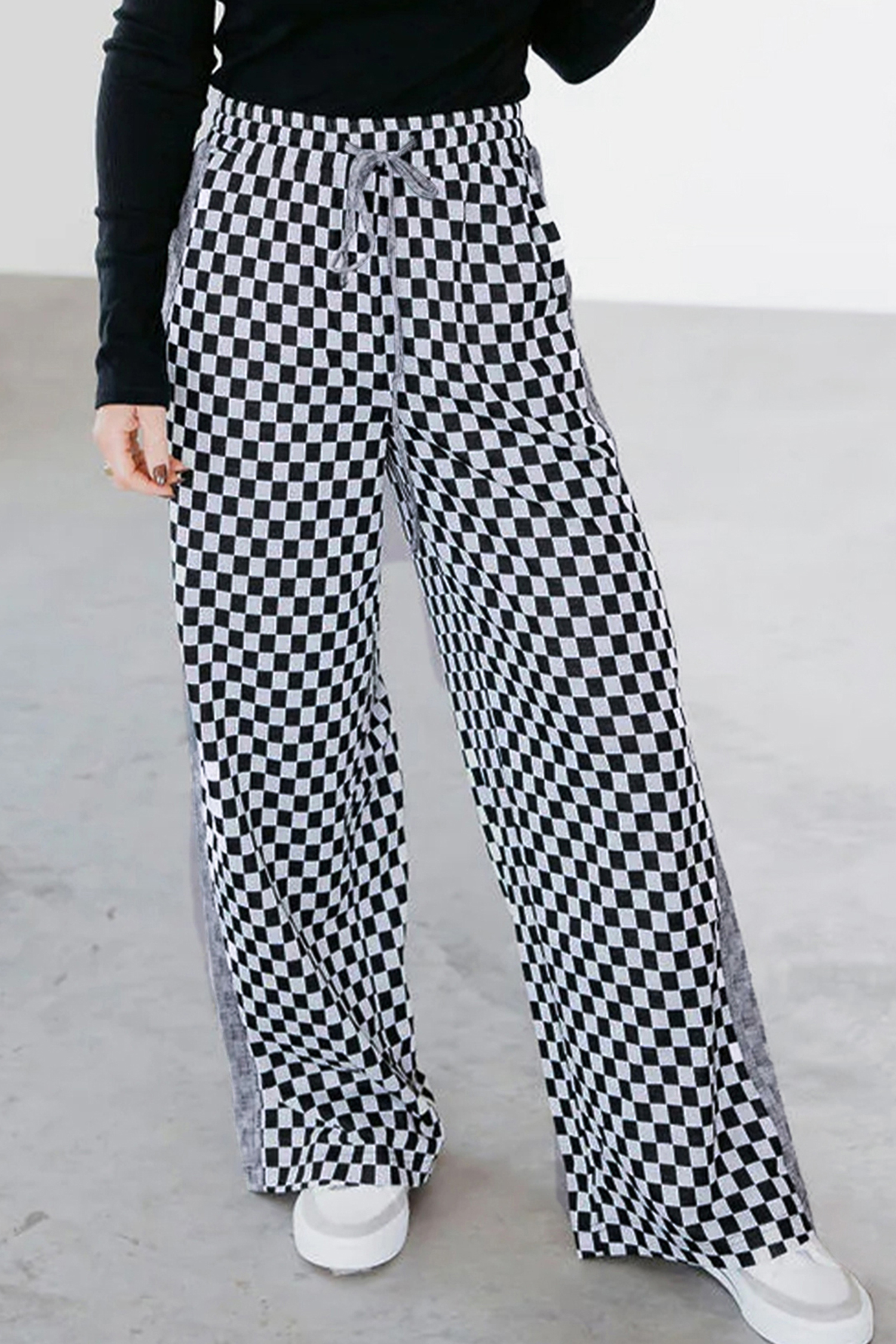 White Checkerboard Drawstring Waist Casual Pants - loveforevers